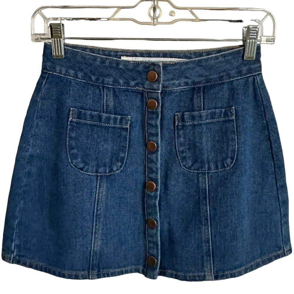 Brandy Melville size 23 100% Cotton Snap Front Denim Mini Skirt Western Blue